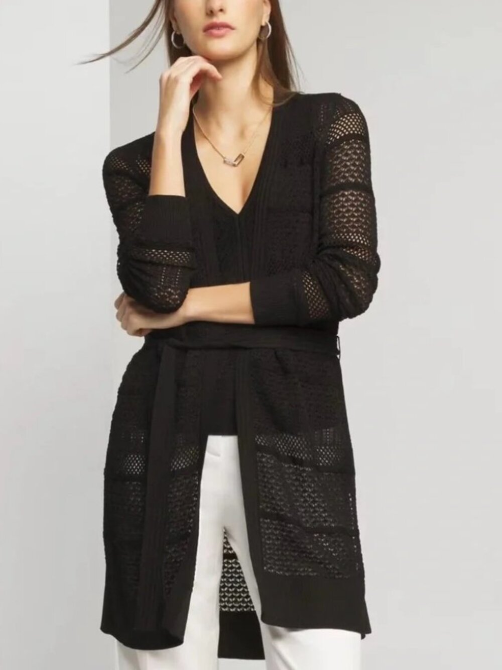 White House Black Market Black Open-Knit Belted Cardigan